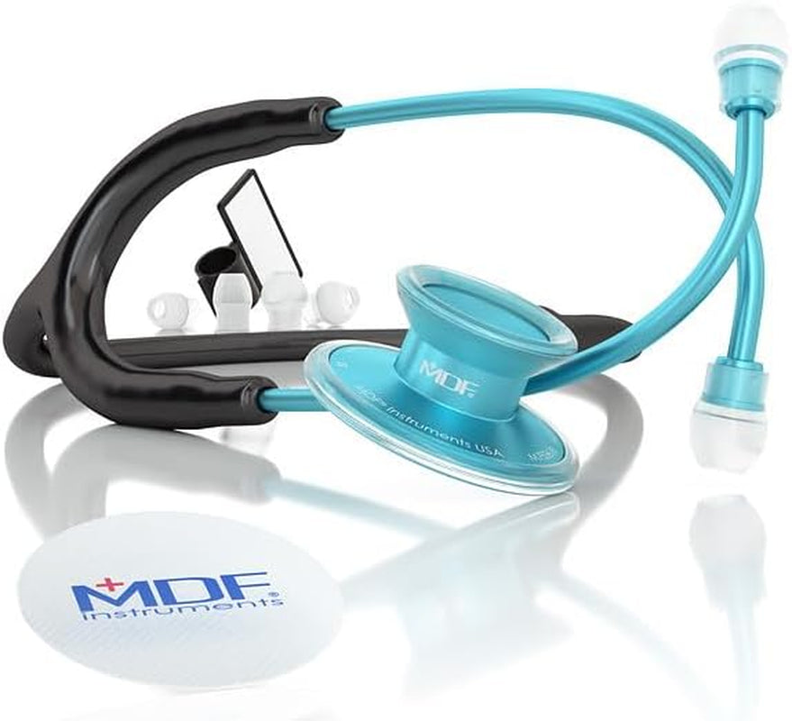 , Acoustica Lightweight Stethoscope for Doctors, Nurses, Students, Home Health Use, Adult, Dual Head, Black Tube, Aqua Chestpiece-Headset, MDF747XPAQ11