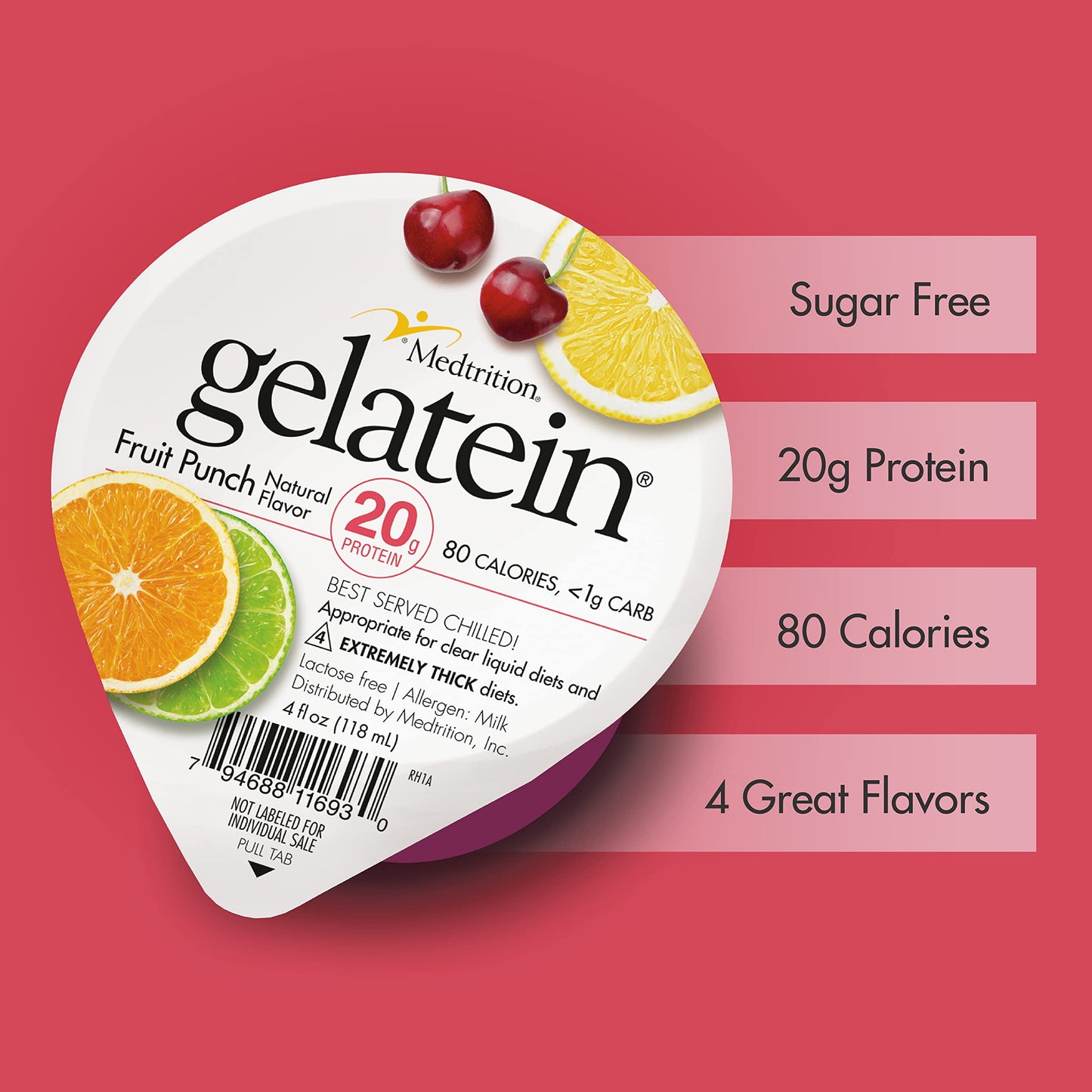 Gelatein Fruit Punch: 20 Grams of Protein. Sugar Free. Ideal for Clear Liquid Diets, Swallowing Difficulties, Bariatric, Dialysis and Oncology. Great Pre or Post-Workout Snack. (12 Pack)