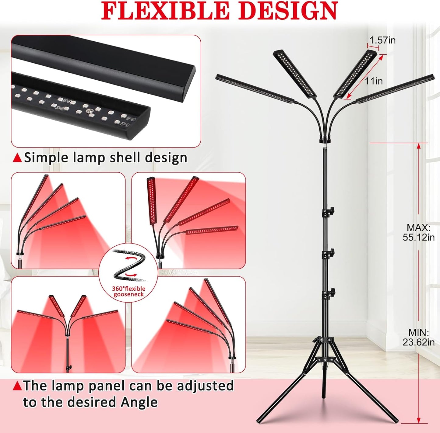 Red Light Therapy with 4 Heads, 3-In-1 Chip Infrared Light Therapy Device, Adjustable Stand, 660Nm Red Light and 850Nm near Infrared Light for Face, Body, Pain,Skin, Home Use