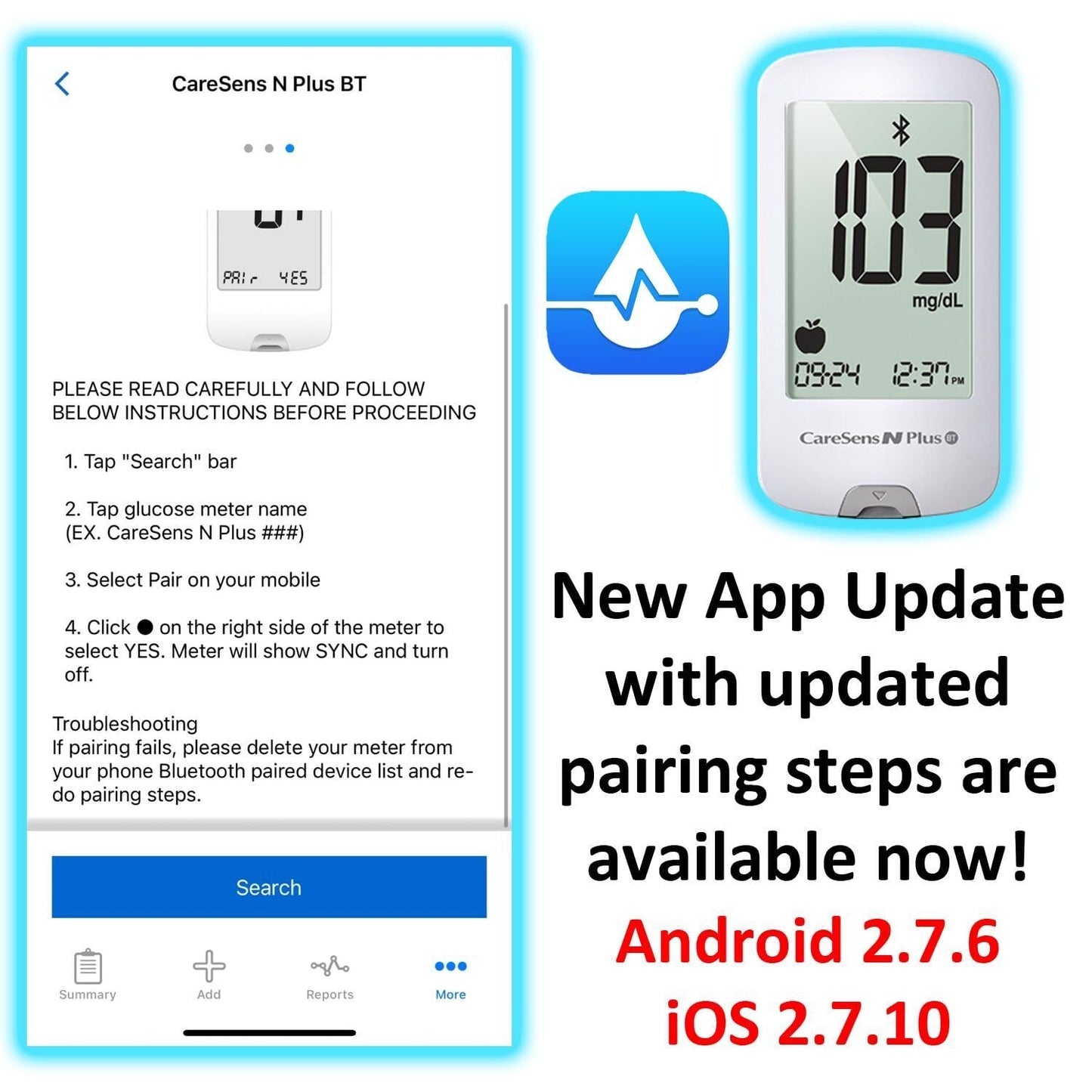 Blood Glucose Monitoring Bluetooth System - Includes 100 Test Strips and Lancets