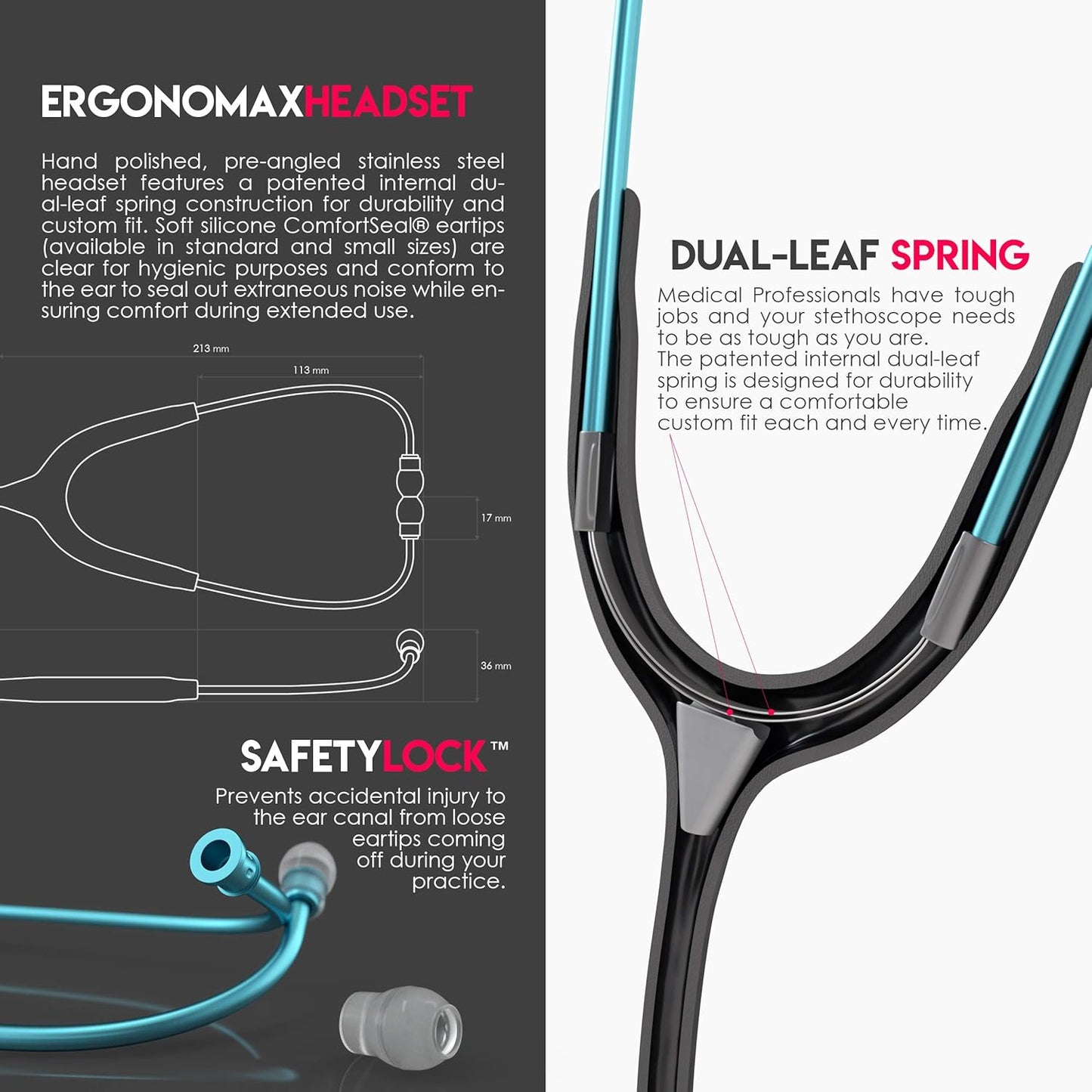 , Acoustica Lightweight Stethoscope for Doctors, Nurses, Students, Home Health Use, Adult, Dual Head, Black Tube, Aqua Chestpiece-Headset, MDF747XPAQ11