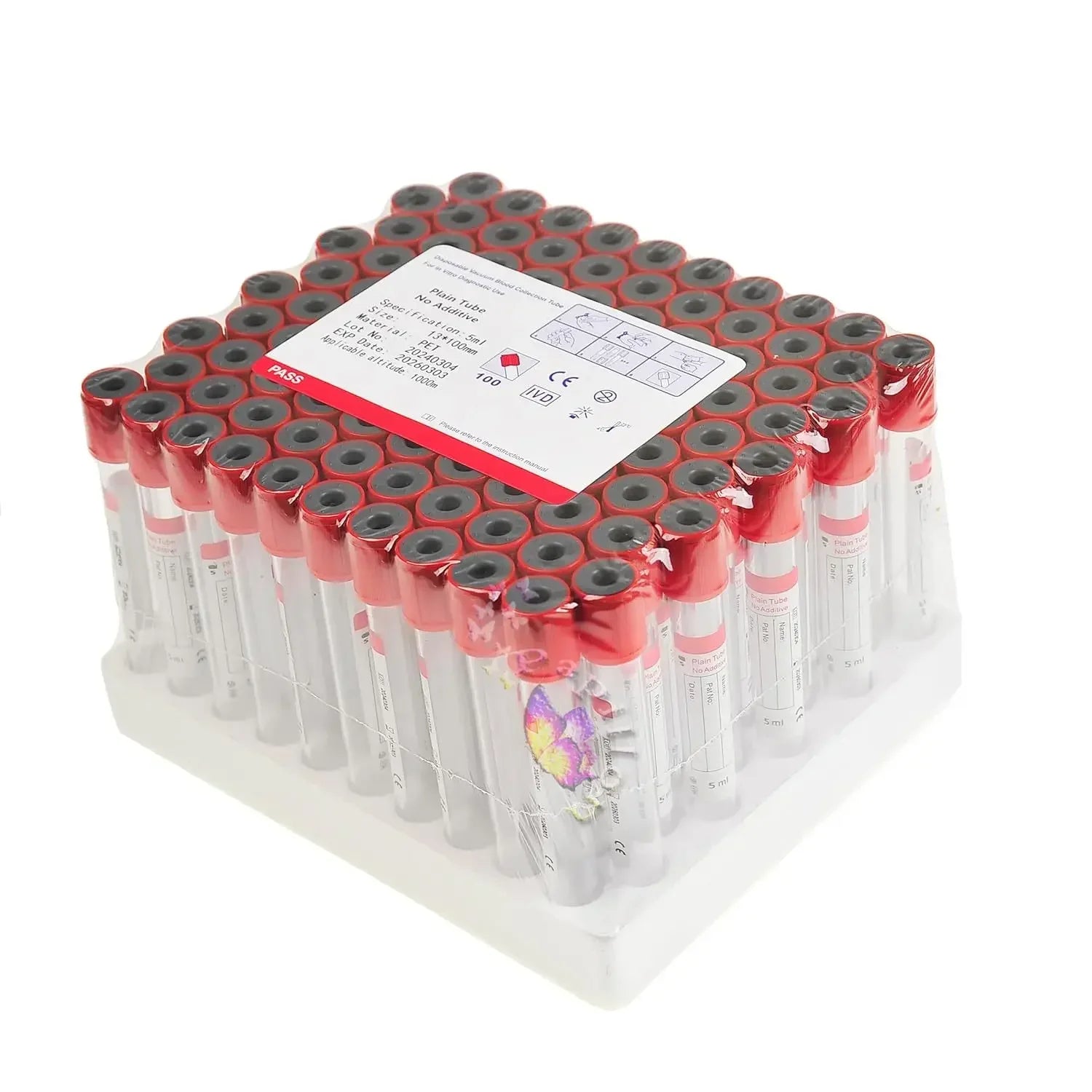 Blood Collection No Additives Tube Lab Consumables 100Pcs Veterinary 3Ml/5Ml/10Ml Plain Tube Sterile Blood Test Tubes