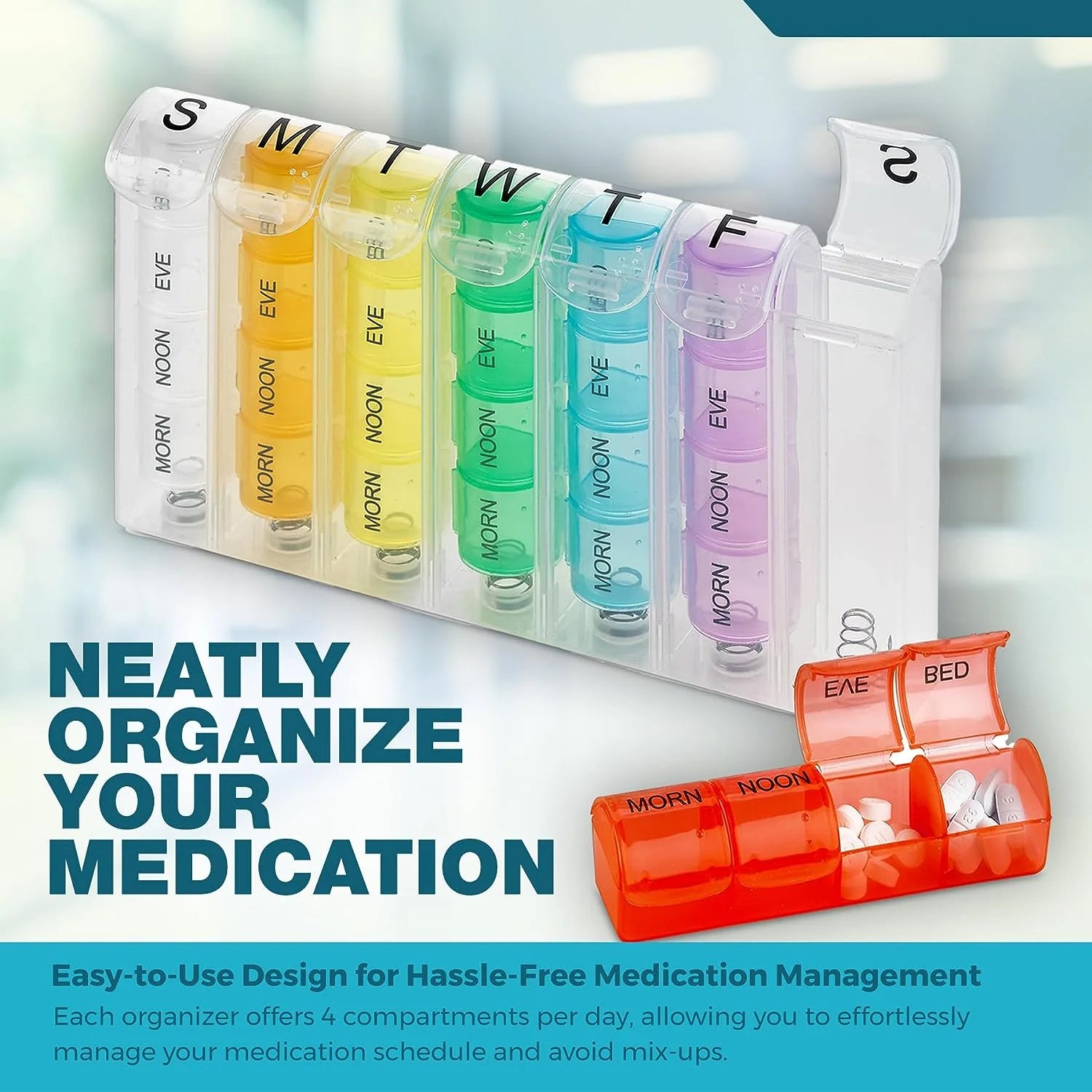 Pop-Up Weekly Pill Organizer Single Box 4 Daily Compartments